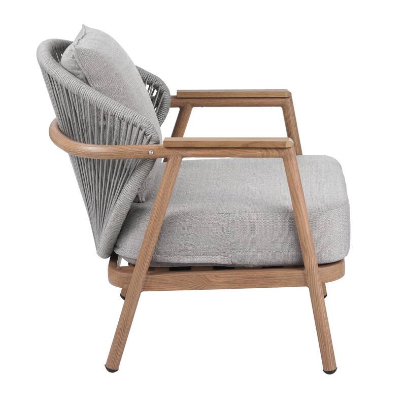 Roomfitters Orla Outdoor Rope Club Chairs with Plastic Wood Armrests and Cushions, Teak Finish