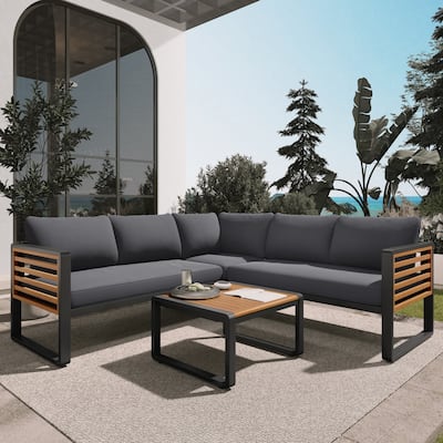 4-Piece Outdoor Conservation Set, Metal Frame Sectional L-shaped Sofas with Cushion and Coffee Table