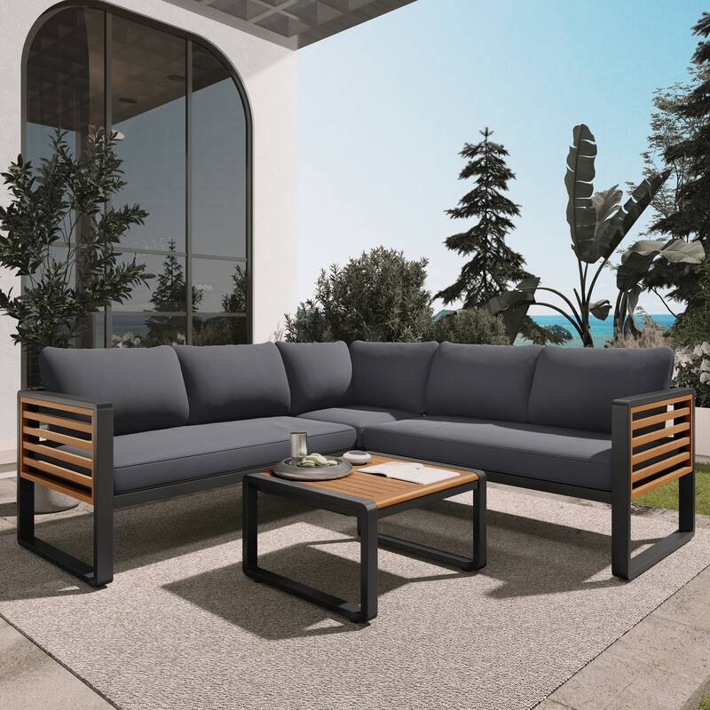 4 Pieces Outdoor Patio Conversation Set, Metal and Wood Frame Sectional L-shaped Sofa with Soft Cushion and Coffee Table