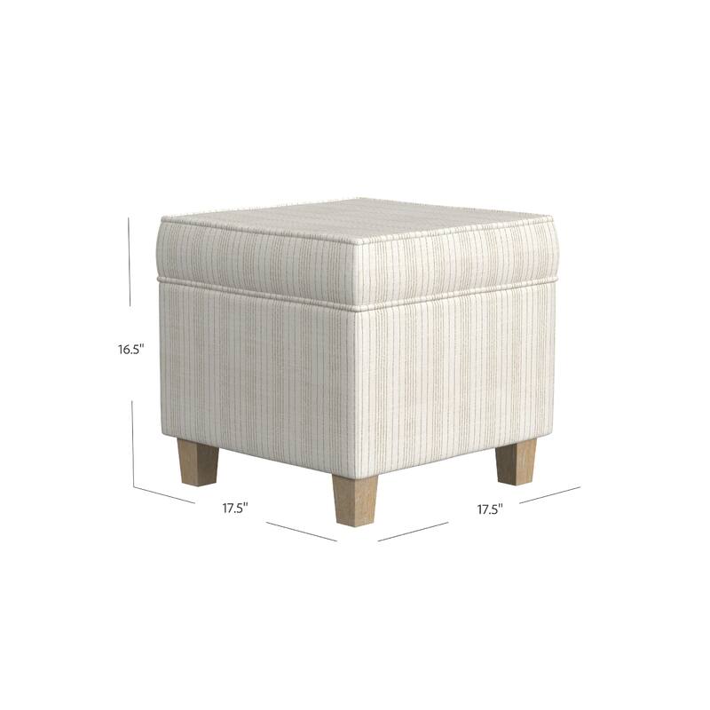 Pyp Square Storage Ottoman, 18 Inch Ivory Pinstripe Fabric, Brown Legs