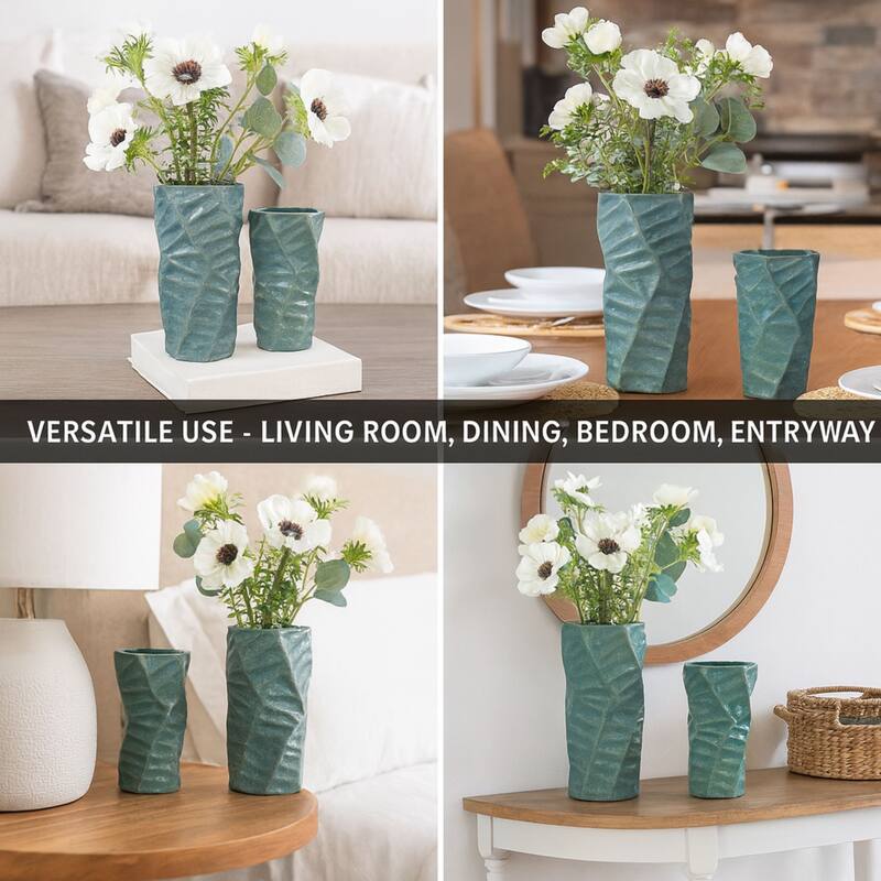 Teal Ceramic Vases Set of 2 with 3D Triangle Pattern and Twist Design