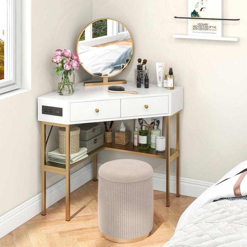 Costway Corner Desk with Built-in Charging Station Storage Drawers &