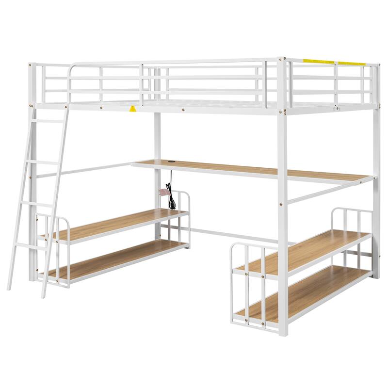 Heavy Duty Metal Bed Frame, Twin Size Loft Bed with Wood Desktop Desk, Storage Shelves and Charging Station for Bedroom