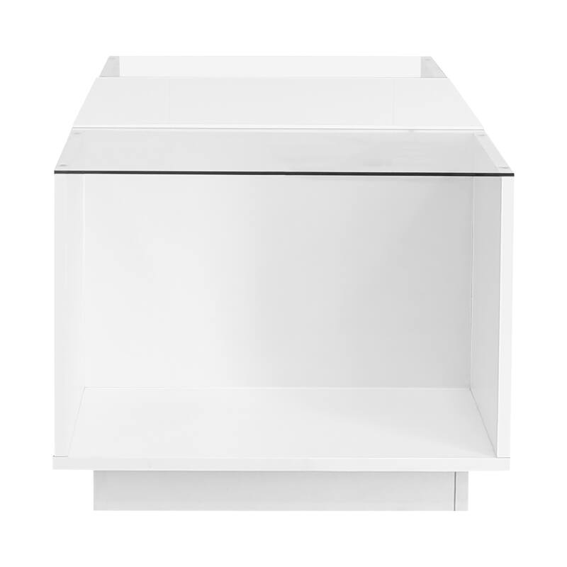LED Coffee Table with 2 Drawers, Rectangle High Gloss Center Table, Modern Glass Tabletop Storage Table for Living Room