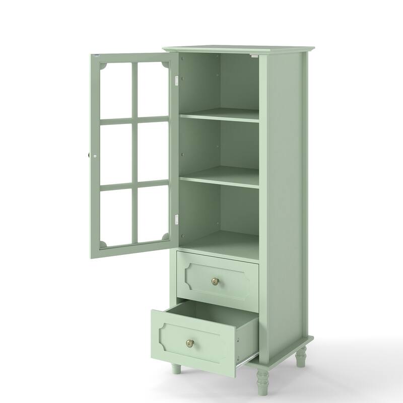 Minimalism Buffet Cabinet with Glass Doors and Double Drawer, Modern Wooden Storage Sideboard Cupboard
