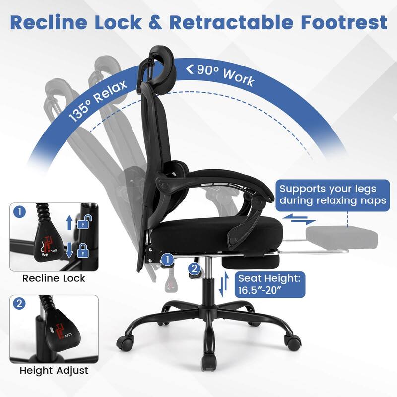 Costway Ergonomic Office Chair with Retractable Footrest & 135° - See Details