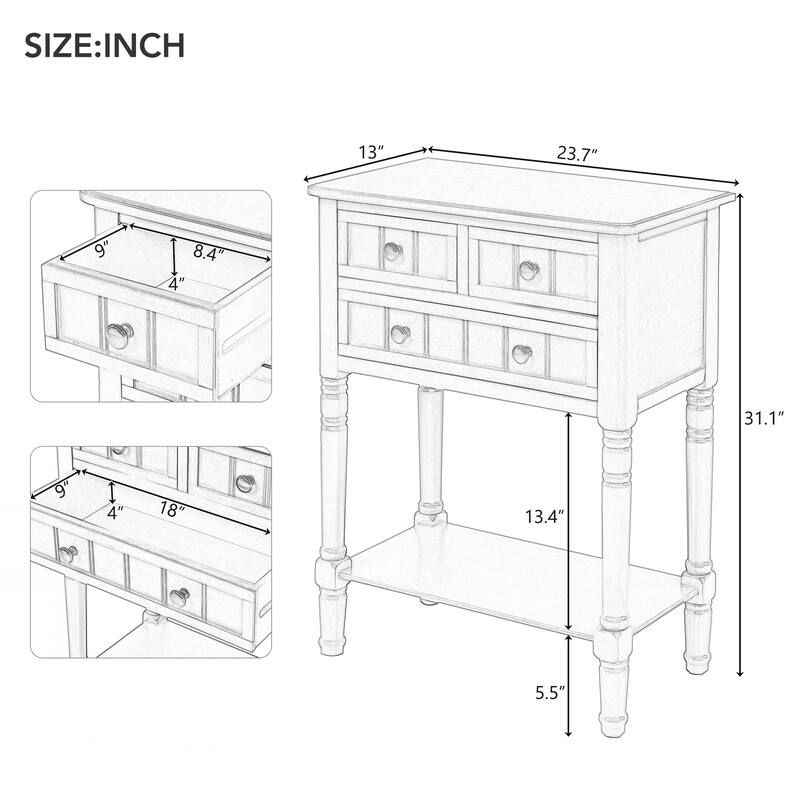 Narrow Console Table, Slim Sofa Table with Three Storage Drawers and Bottom Shelf