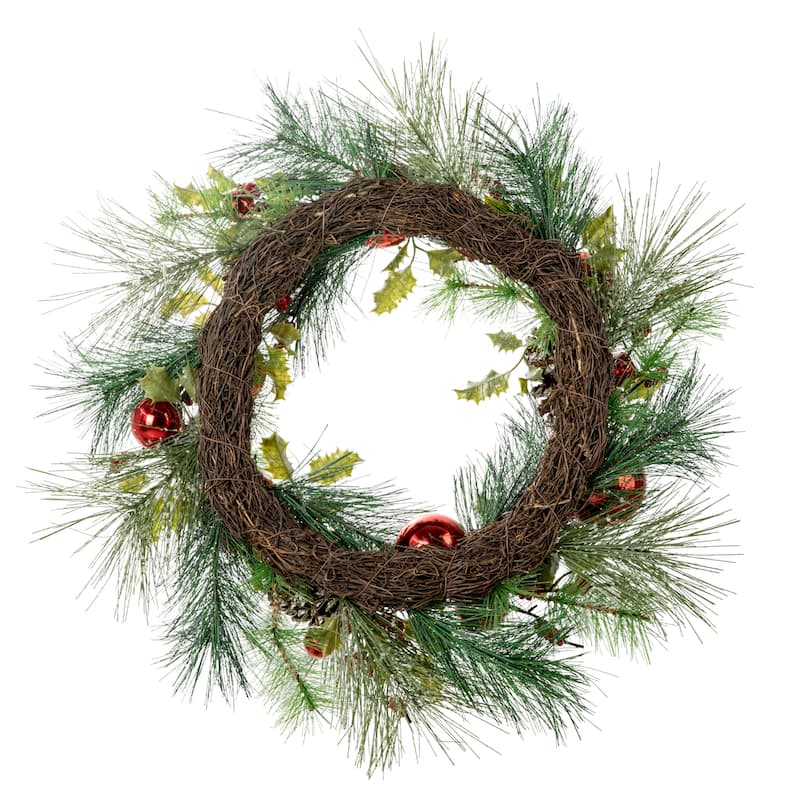 24"D Pre-Lit Ball Berry Holly Pinecone & Ornament Wreath with Brown Window Frame Set