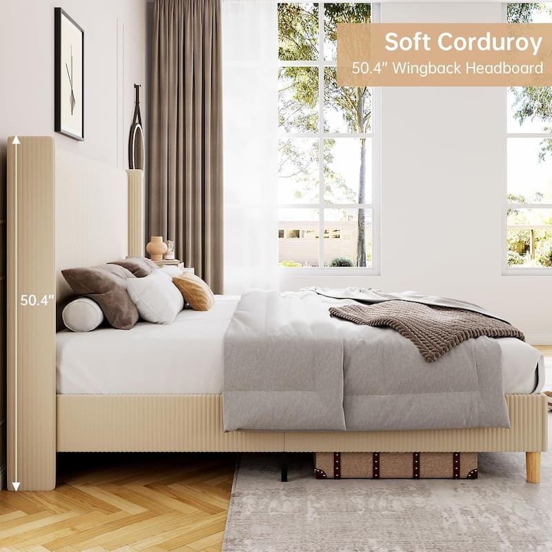 IDEALHOUSE Corduroy, Platform Bed with 51"Tall Vertical Headboard