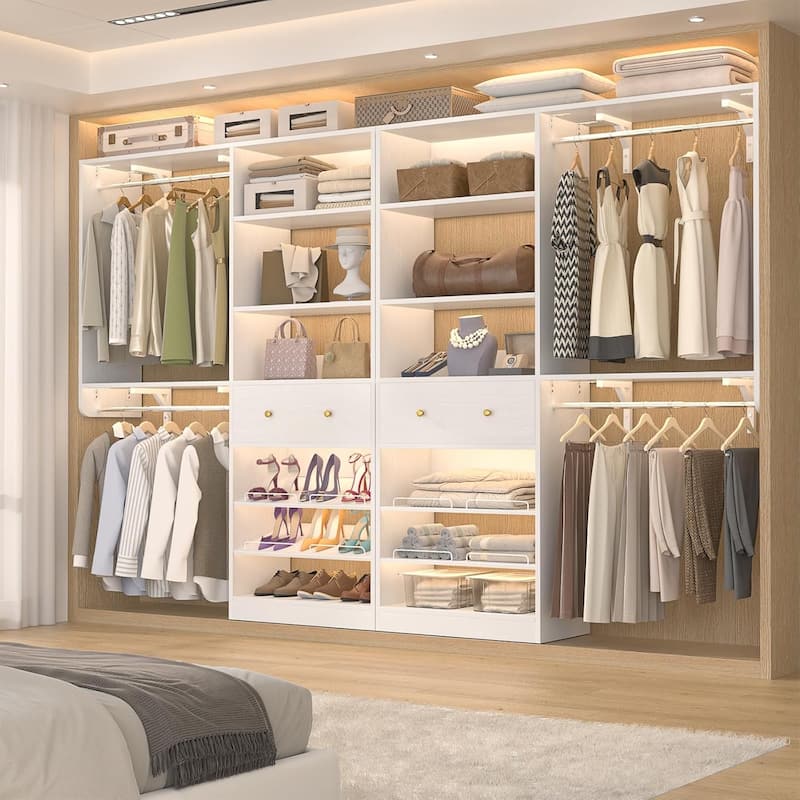 5FT Closet System with 2 Hanging Rods and Wooden Drawer, Walk-in Closet Organizer with 2 Wing Shelve and Adjustable Rack Shelves