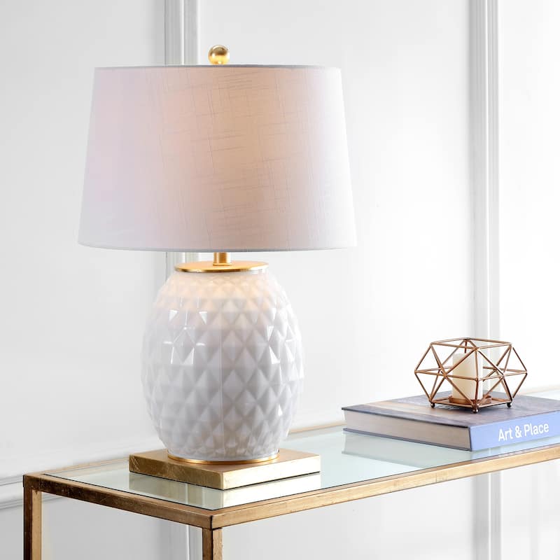 Ronald 25.5" LED Glass/Metal Table Lamp, White/Gold Leaf by JONATHAN Y - White/Gold