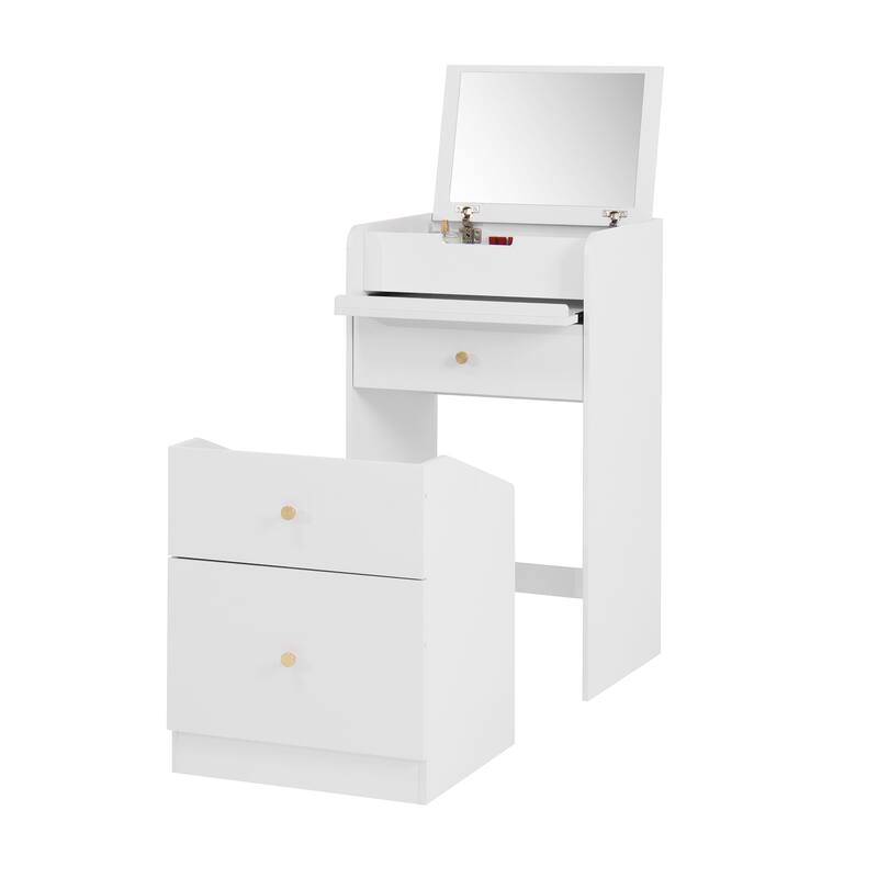Anmytek Multifunctional Storage Unit White Vanity Desk with Mirror,Chair, Drawers for Small Spaces