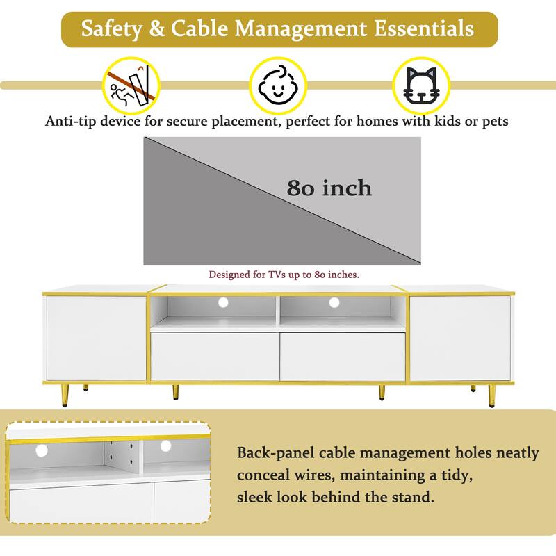 70.9'' Modern TV Stand for TVs up to 80'', Entertainment Center with LED Lights, 2 Cabinets, 2 Drawers & Metal Legs
