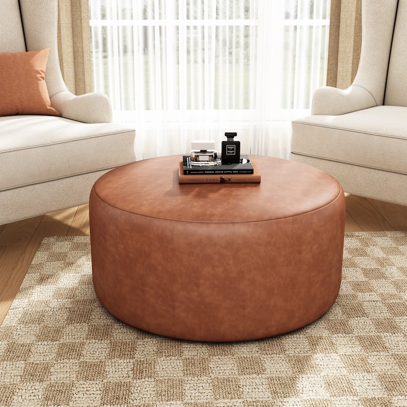 Olias Velvet Upholstered Round Ottoman by Christopher Knight Home - Pu+Pine+Plywood - Cognac Brown
