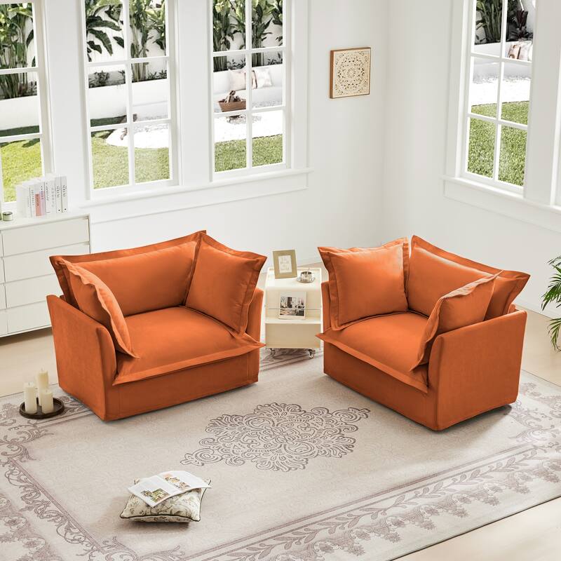 Set of 2 Chenille Slipcovered Accent Armchairs with Large Soft Pillows