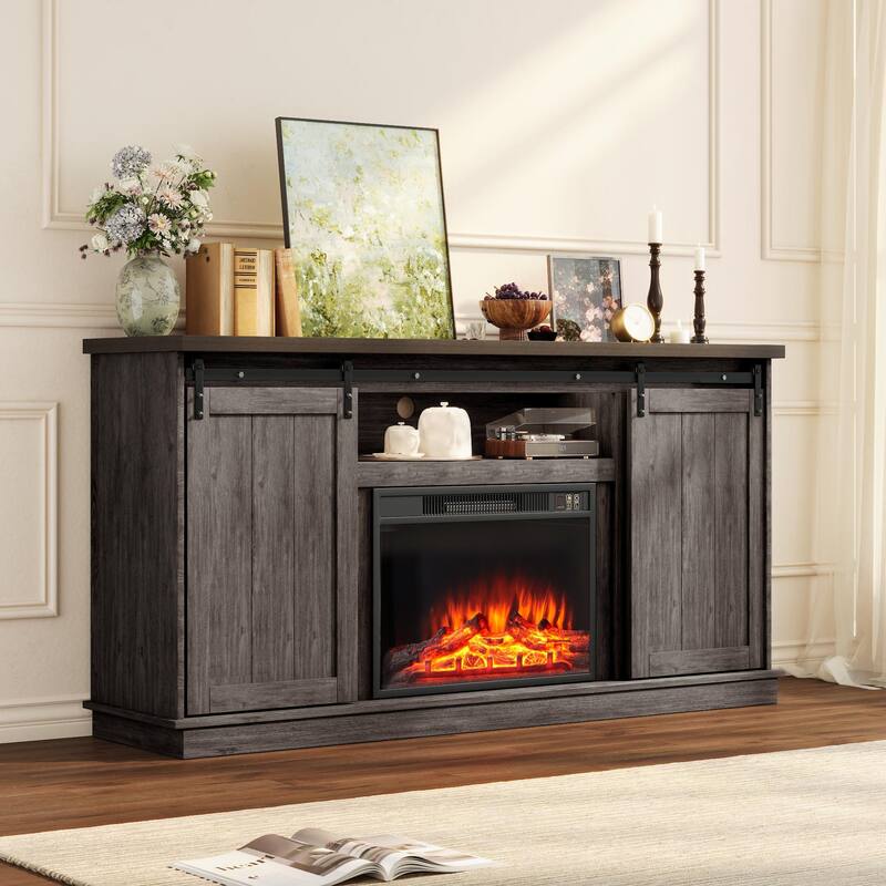 63" Farmhouse Fireplace TV Stand with Sliding Barn Door, Accommodates TVs Up to 65", Featuring Storage and Adjustable Shelves