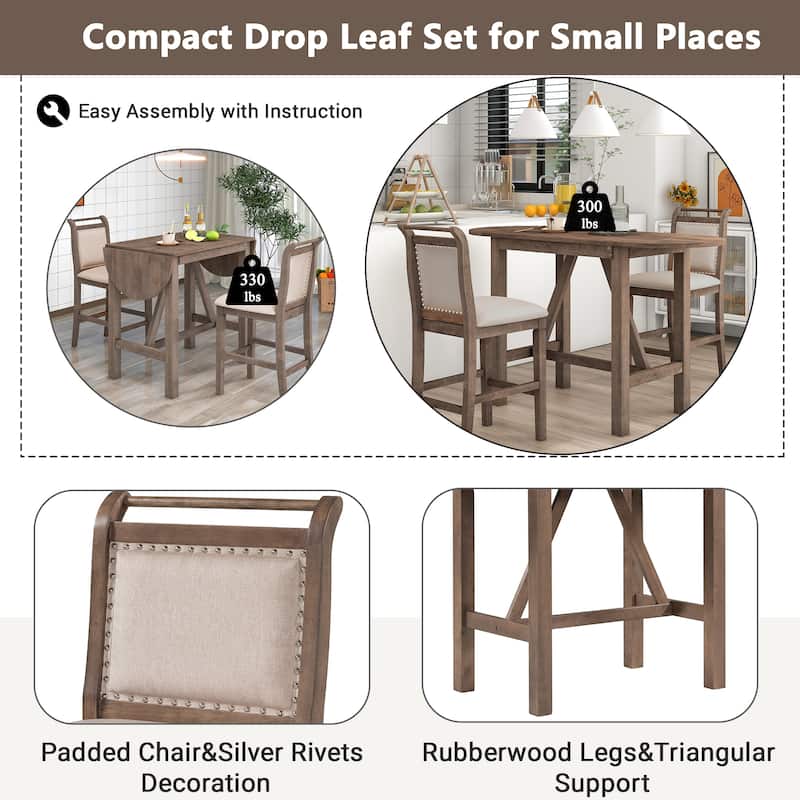 3-Piece Wood Counter Height Dining Table Set with 2 Upholstered Dining Chairs and Drop Leaf Dining Table for Kitchen
