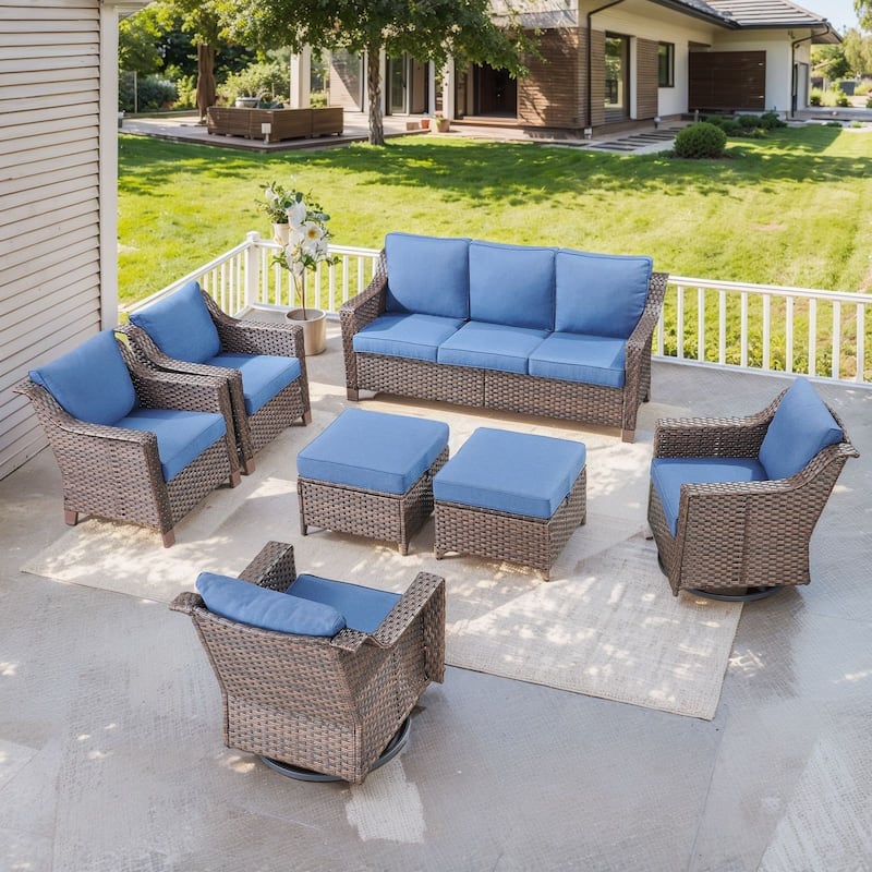 Outside Patio Sofa Chair with Cushions - Brwon Wicker Blue Cushion - 7PCS Patio Chair w/ Sofa Chair Ottoman
