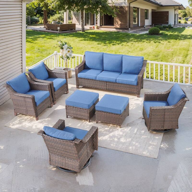Pocassy Outside Sofa with Swivel Chair Set - Brown Wicker / Blue Cushion - 7-Piece Sofa Swivel Chair with Ottoman