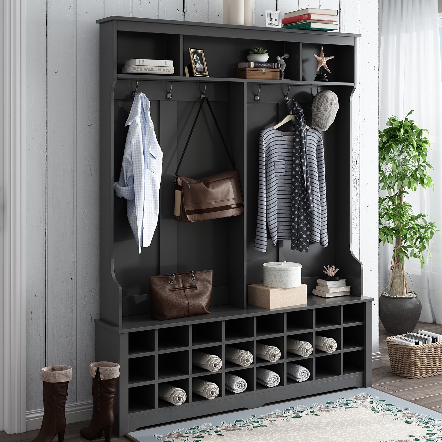 Coat Rack with Hooks Storage Space and 24 Shoe Cubbies Bed Bath