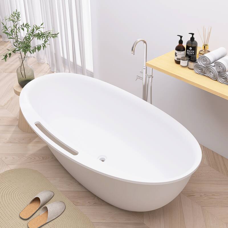 63/67 Inch Stone Resin Solid Surface Freestanding Soaking Bathtub with Center Drain in Matte White