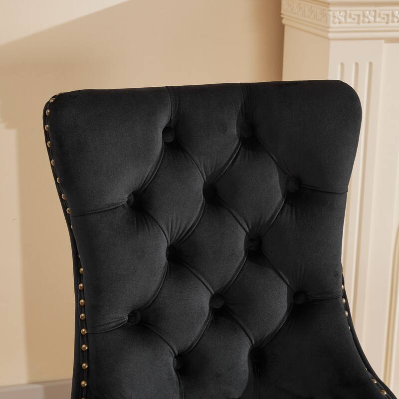 Velvet Dining Chairs Set of 2, Tufted Dining Chairs with Nailhead Trim, Kitchen Chairs with Lion Head Pulls Ring & Wooden Legs