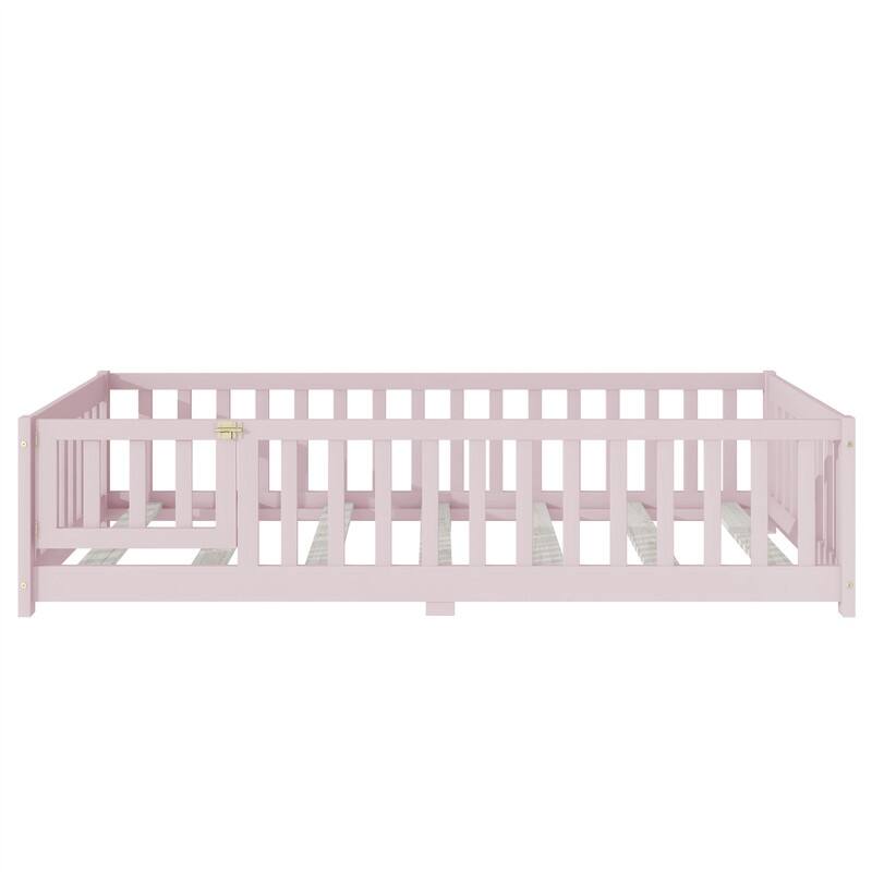 Twin/Full/Queen Size Floor Bed with Fence Guardrails and Door, Rubber Wood Toddler Bed Montessori Bed with Slats Support