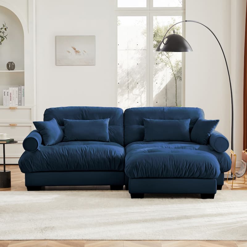 Modern Sectional Couch Comfortable Upholstered Sofa Set with Lumbar Pillow and Throw Pillow for Living Room - 2 Seats + 1 Ottoman - Blue