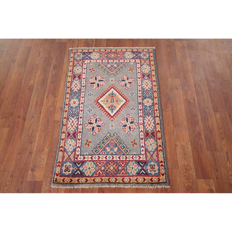 Hand Knotted Oriental 100% Wool Carpet Traditional Geometric Greys & Charcoal Kazak Area Rug - 3' 1'' X 2' 0''