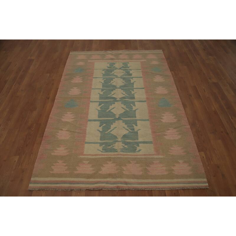 Hand Woven Oriental 100% Wool Carpet Southwestern Tribal Green Kilim Area Rug - 5' 7'' X 3' 9''