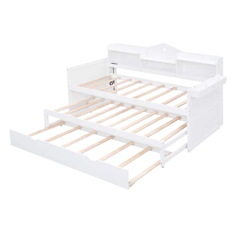 Twin XL White Wooden Daybed with 2 Twin Trundles, USB Charging Ports