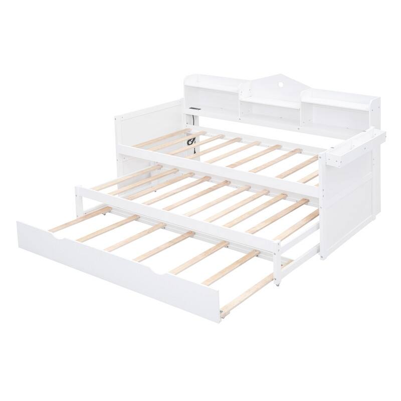 Twin XL Wooden Daybed with 2 Twin Trundle,Storage Shelf and USB