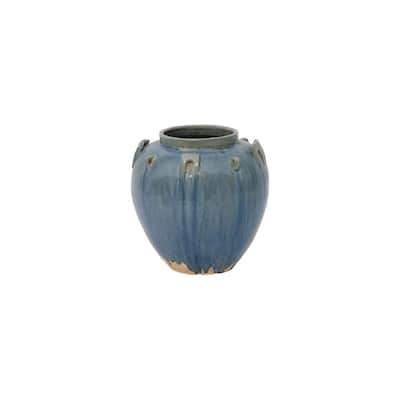 Artissance Ceramic Round Pot With Six Loop, 9 Inch Tall, Antique Blue