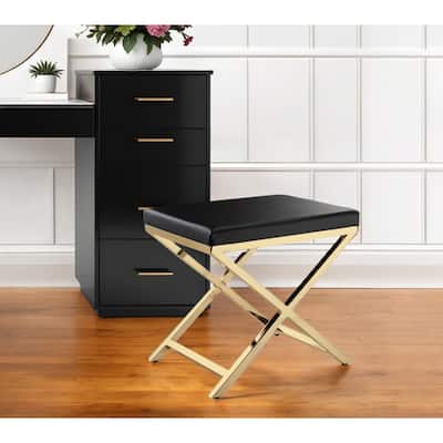 HomeRoots 21" Black and Gold Faux Leather Vanity Chair - 20.7 in. x 18.3 in. x 14.37 in.