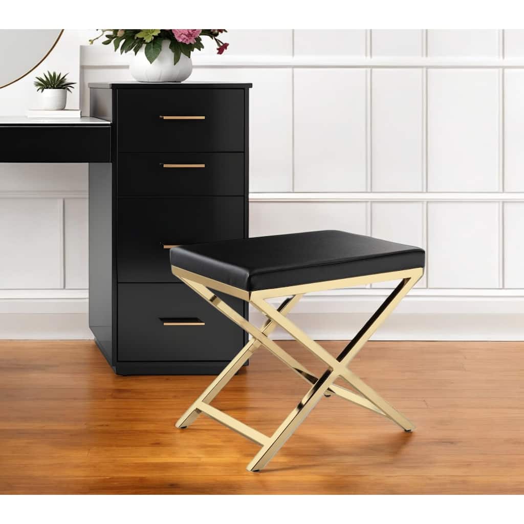 HomeRoots 21" Black and Gold Faux Leather Vanity Chair - 20.7 in. x 18.3 in. x 14.37 in.