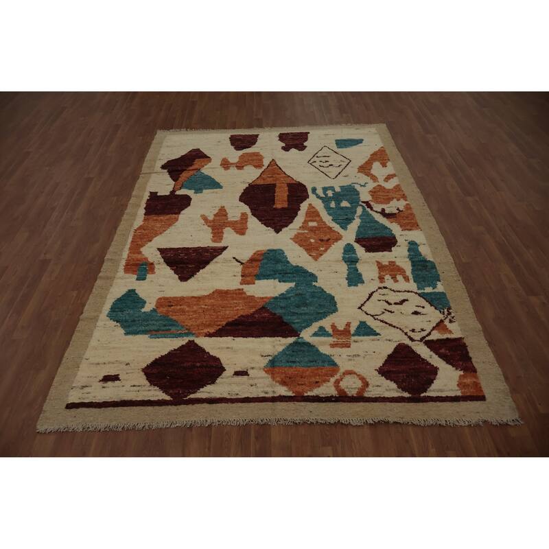 Hand Knotted Oriental 100% Wool Carpet Modern Geometric Beige & Ivories Moroccan Area Rug - 9' 7'' X 6' 10''