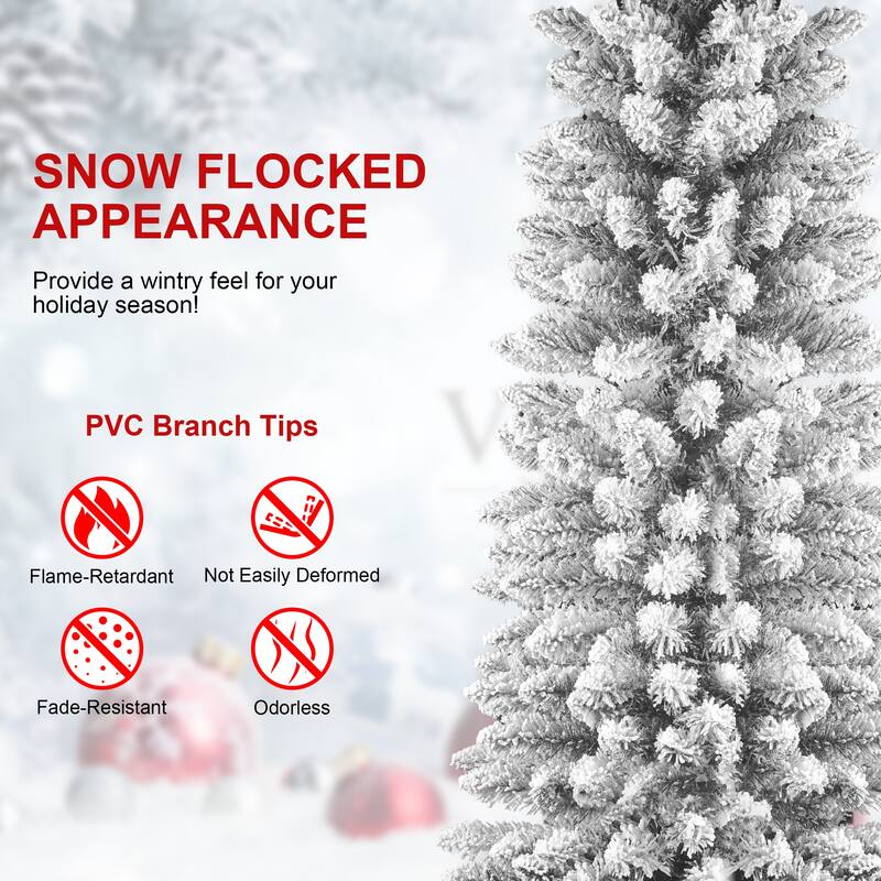 7FT Flocked Pencil Christmas Tree - Slim PVC Tree with 469 Snowy Tips, Space-Saving Design,Snow Effect,Metal Stand