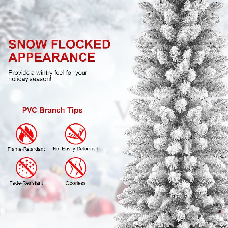 Flocked Pencil Christmas Tree - Slim PVC Branches, Snowy Finish, Space-Saving, Metal Stand - Green,White