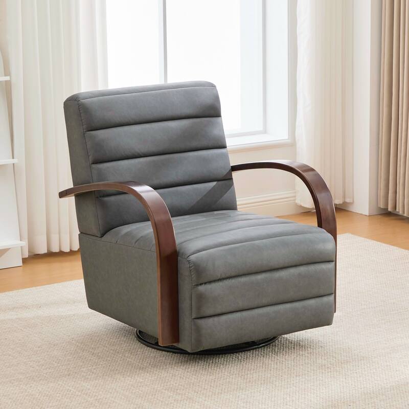 Modern Upholstered 360° Swivel Accent Chair with Solid Wood Armrests and Comfy Lounge Reading Chair, Single Sofa Armchair