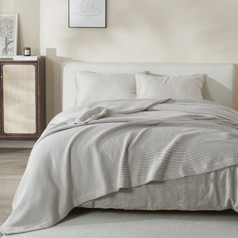 Linery & Co. 100% Cotton All-Season Lightweight Waffle Weave Knit Throw Blanket - Twin - Light Grey