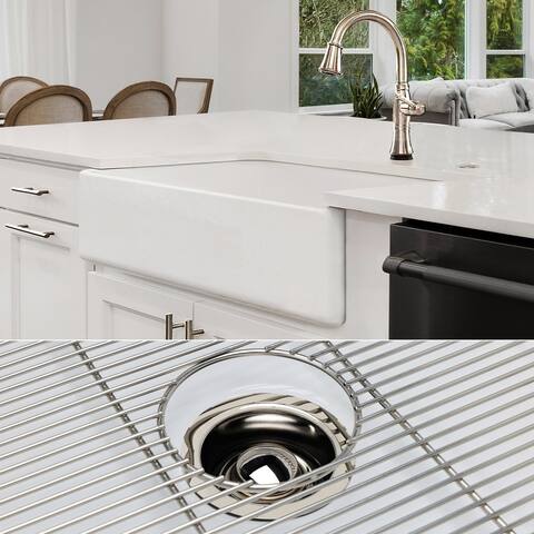 Fossil Blu 36-Inch SOLID Fireclay Farmhouse Sink in White, Polished Nickel Accessories, Flat Front - 36 x 20 x 10