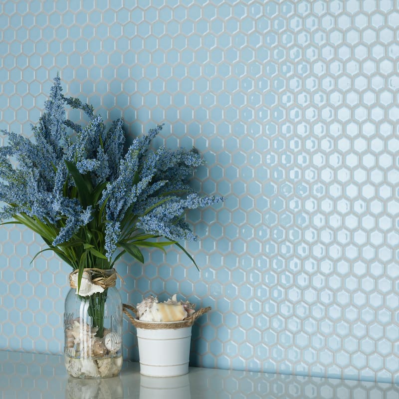 Merola Tile Hudson 1" Hex Cashmere Blue 11-7/8" x 13-1/4" Porcelain Mosaic Floor and Wall Tile