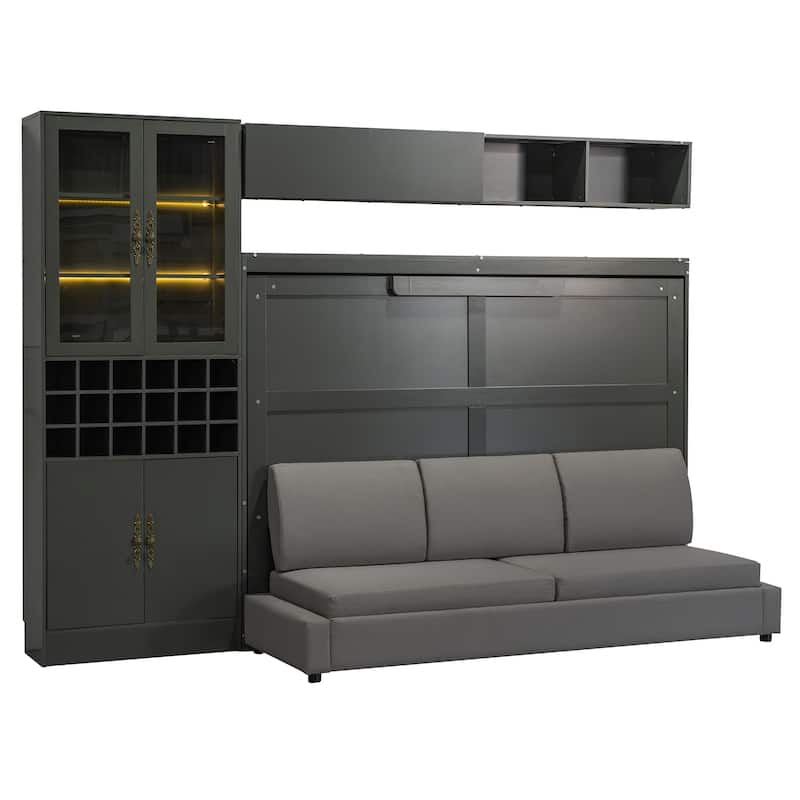 Full Size Murphy Bed Wall Bed with Sofa , Shelves USB & Light