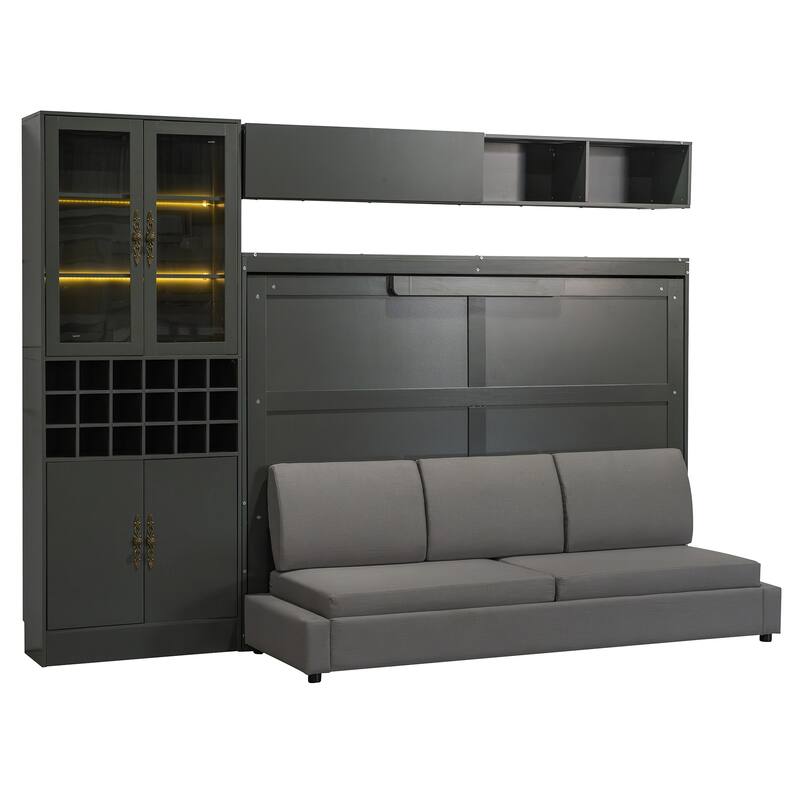 Space-Saving Full Size Murphy Bed with Sofa, Shelves, USB & Light in Gray