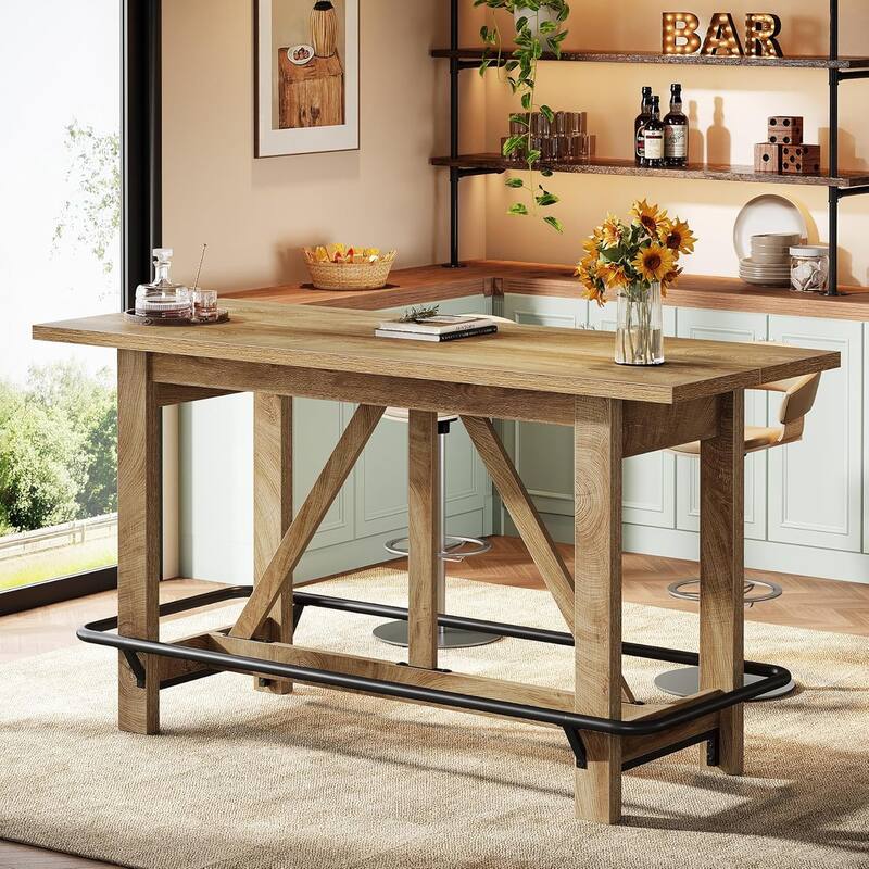 63" Long Bar Table, Farmhouse Counter Height Pub Dining Table with Footrest - 63" L x 23.2" W x 35.4" H
