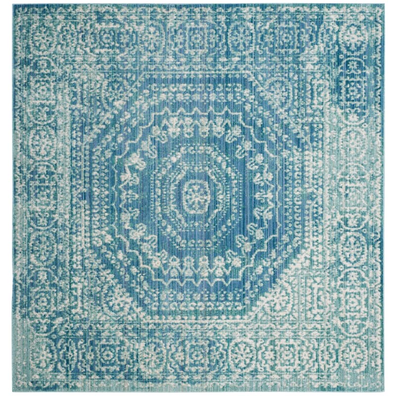 SAFAVIEH Valencia Burcu Distressed Vintage Boho Oriental Polyester Rug - 6'7" Square - Blue/Multi