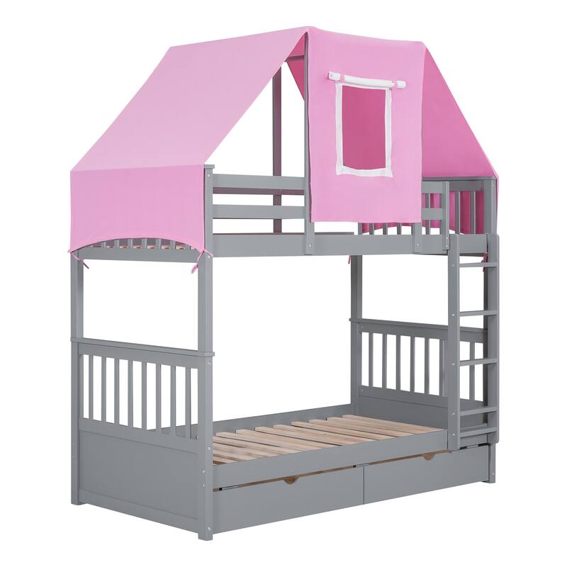 Twin Over Twin Castle Bunk Bed with Tent and Drawers, Twin Size Wooden