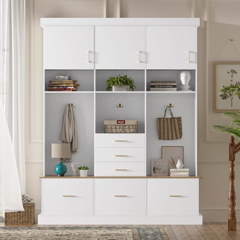 75" Entryway Hall Tree with Bench 5-in-1 Modern Storage Bench with Coat Rack, 6 Drawers, Cabinets & Shelves for Hallway, Mudroom - White