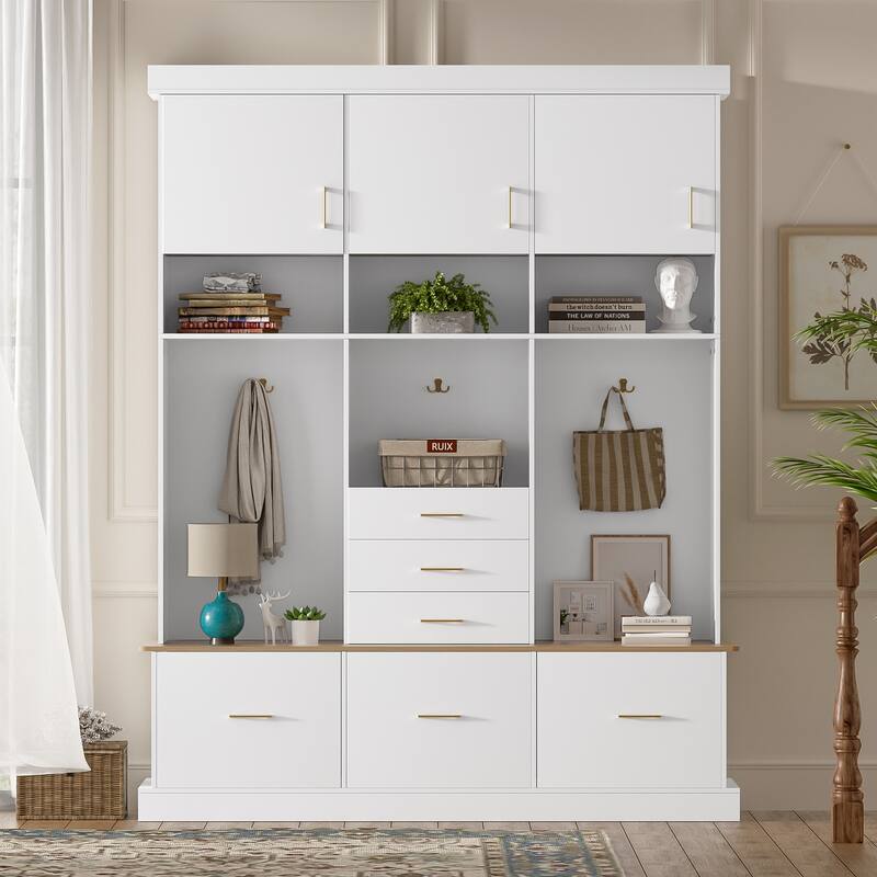75" Hall Tree with Bench, 6 Drawers, 3 Cabinets & Coat Rack, 5-in-1 Entryway Storage - White