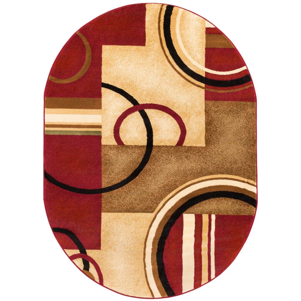 Well Woven Arcs Shapes Abstract Modern Circles Boxes Red Ivory Beige Oval Area Rug - 5'3" x 6'10"